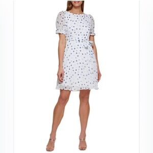 DKNY spring summer dress, white with blue dots, belted , full skirt, lined. SZ12